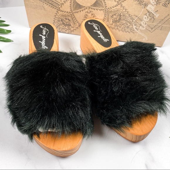 NIB Free People Faux Fur Sonnet Wooden Clog Sandal - Picture 3 of 11